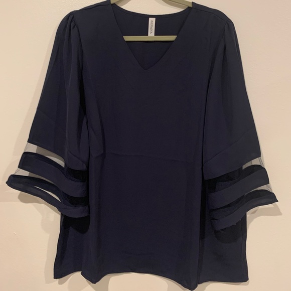 Alfani Navy Blue Sheer Sleeve Blouse - Picture 2 of 2